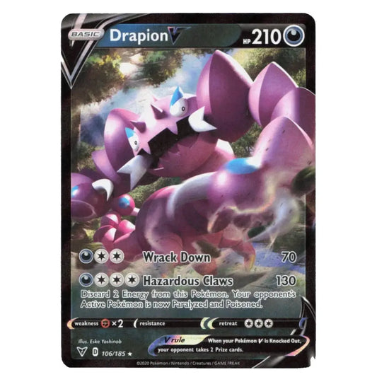 A single Pokémon trading card for Drapion V, shown against a plain white background. The card features artwork of a purple dragon-like Pokémon with blue and white accents, and visible text including 'BASIC', 'Drapion V', 'K-210', and move names like 'Wrack Down' and 'Hazardous Claws'.