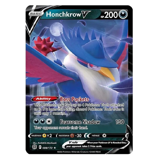 A single Pokémon trading card featuring Honchkrow V, shown against a plain white background. The card has a black border, blue and purple artwork of the bird, and visible text including HP 200, Ability, and stats.
