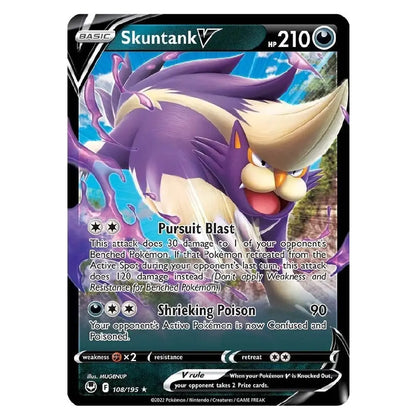 A single Pokémon trading card featuring Skuntank V, with a purple and cream creature illustration, black border, and printed card text including Pursuit Blast and Shrieking Poison.