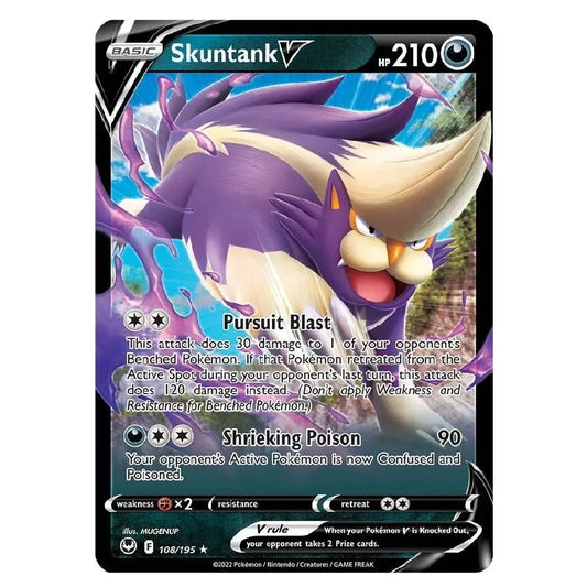 A single Pokémon trading card featuring Skuntank V, with a purple and cream creature illustration, black border, and printed card text including Pursuit Blast and Shrieking Poison.