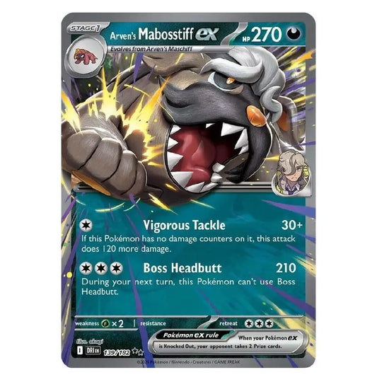 A single Pokémon trading card featuring Arven's Mabosstiff ex, shown against a plain white background. The card has a dark gray border, a teal lower section, and dynamic artwork of the Pokémon with gray fur, white hair, and an open mouth showing red and white teeth.