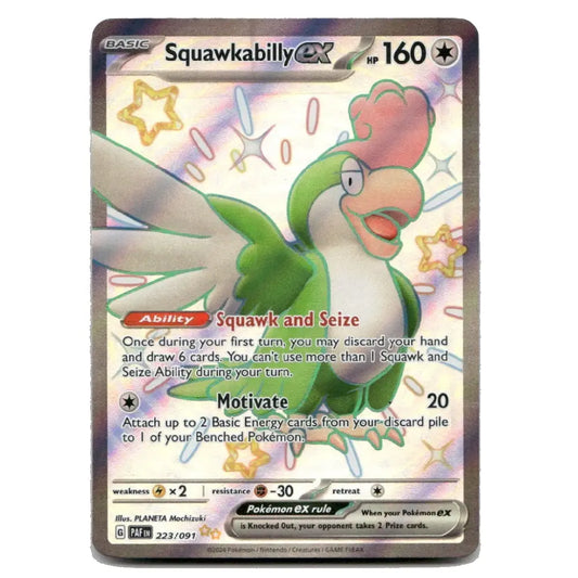 A single Pokémon trading card for Squawkabilly EX, shown flat against a plain white background. The card features artwork of a green parrot with a pink beak and red crest, with game text and stats printed on it.