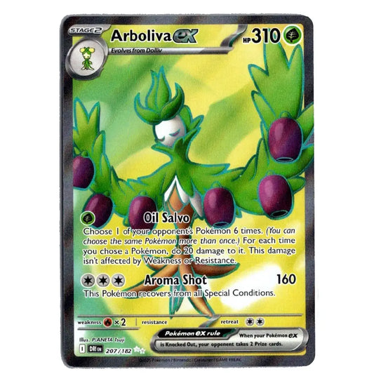 A single Pokémon trading card featuring Arbolivex, a Stage 2 Grass-type ex-Evolution from Dolly. The card has a black border, a green and yellow illustration of the character, and purple berries, with text detailing its abilities like 'Oil Salvo' and 'Aroma Shot'.