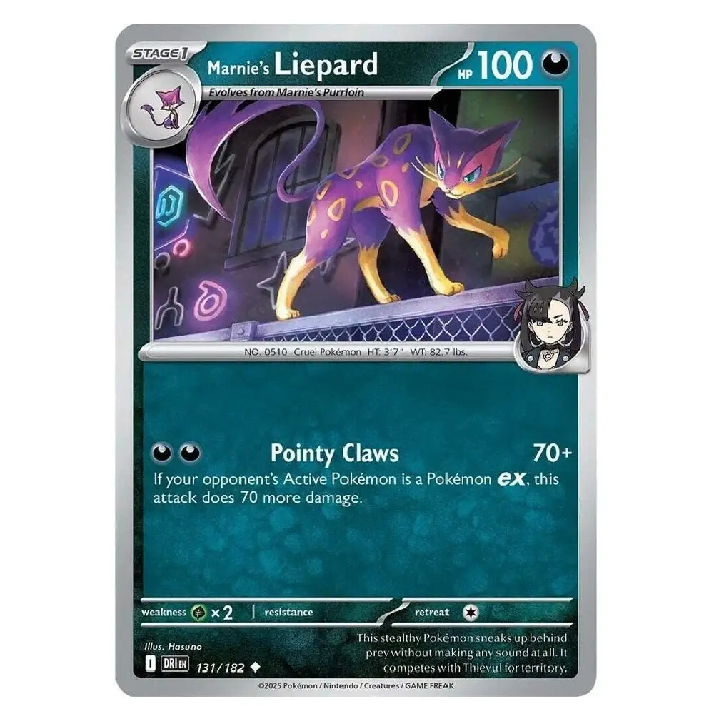 A single Pokémon trading card for Marnie's Liepard, featuring artwork of the purple and yellow cat-like Pokémon, with a silver border and dark teal text box on a plain white background.