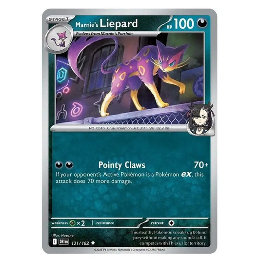 A single Pokémon trading card for Marnie's Liepard, featuring artwork of the purple and yellow cat-like Pokémon, with a silver border and dark teal text box on a plain white background.