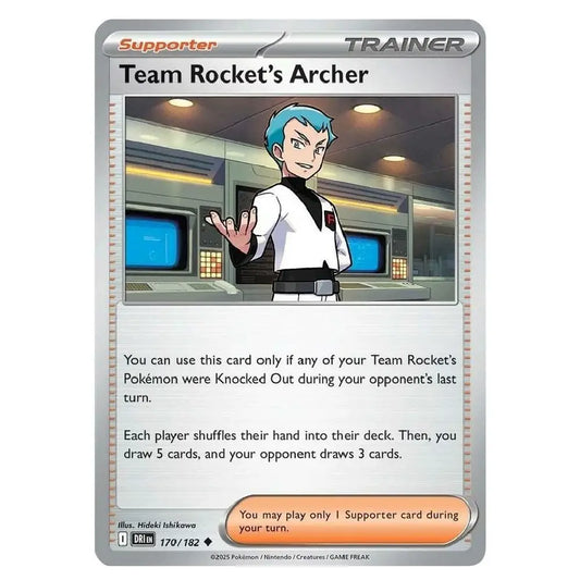 A Pokémon trading card for Team Rocket's Archer, featuring an illustrated character in a white uniform with blue hair in a control room. The card has a silver border, 'Supporter' and 'TRAINER' labels, and rules text below the artwork.