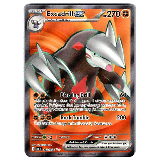A single Pokémon trading card featuring the character Excadrill EX, shown against a plain light background. The card has a fiery orange-red gradient background with an illustration of the Pokémon in dark gray/black and silver tones, plus visible text and stats.