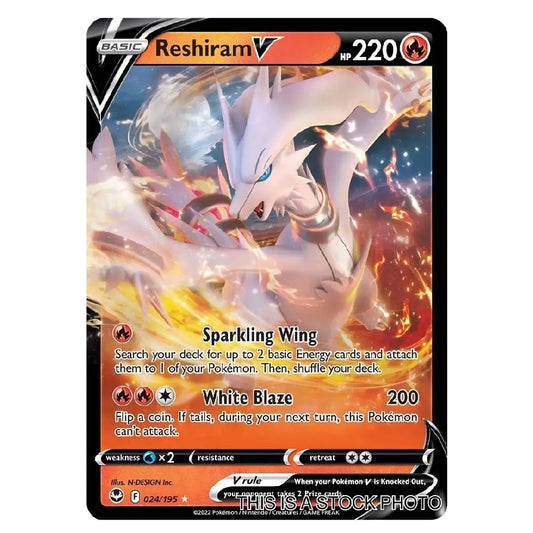 A single Pokémon trading card for Reshiram, shown against a plain white background. The card features artwork of a white dragon-like creature surrounded by orange and yellow flames, with the text 'Reshiram V', 'BP 220', and move details including 'Sparkling Wing' and 'White Blaze'.