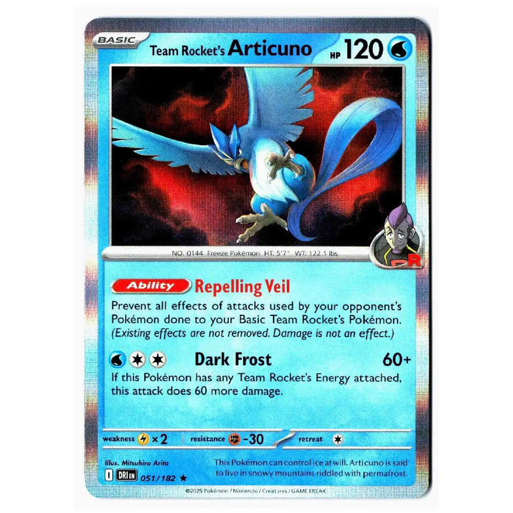 A single Pokémon trading card for Team Rocket's Articuno, shown flat against a plain white background. The card has a silver holographic border and features artwork of a blue bird with red and black clouds behind it.