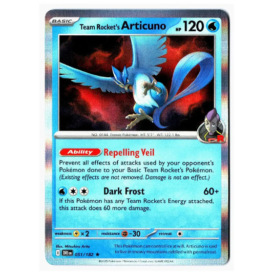 A single Pokémon trading card for Team Rocket's Articuno, shown flat against a plain white background. The card has a silver holographic border and features artwork of a blue bird with red and black clouds behind it.