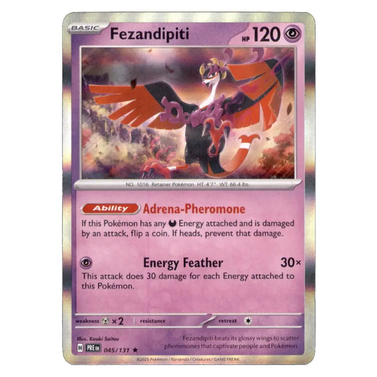 A single Pokémon trading card for Fezandipiti from the Kanto/Scarlet expansion, shown against a plain white background. The card features a pink and purple layout with artwork of a bird-like Pokémon and attack text including 'Adrena-Pheromone' and 'Energy Feather'.