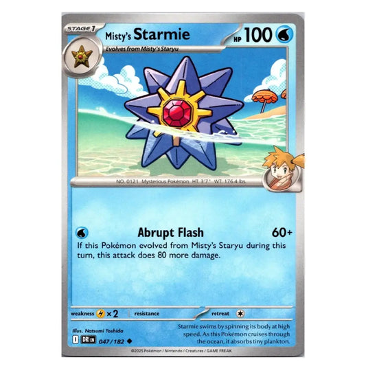 A single Pokémon trading card for Misty's Starmie, shown against a plain white background. The card features artwork of a blue and purple starmie with a red gem, a beach scene, and Pokémon character art.