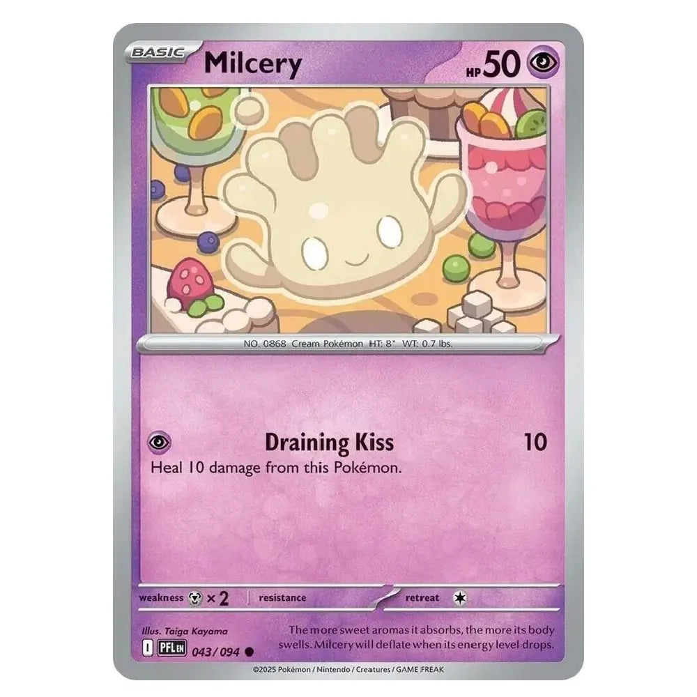 A single Pokémon trading card for Milcery from the Basic set, shown against a plain white background. The card features a purple and pink design with an illustration of the Milcery character in the center and game text below.
