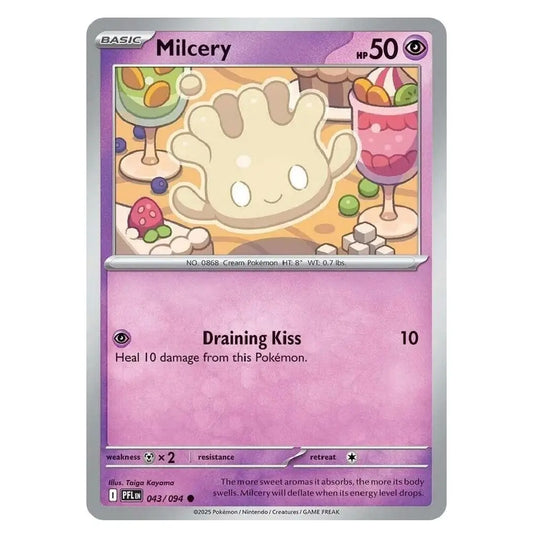 A single Pokémon trading card for Milcery from the Basic set, shown against a plain white background. The card features a purple and pink design with an illustration of the Milcery character in the center and game text below.