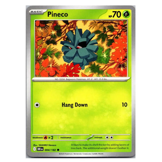 A single Pokémon trading card for Pineco from the Basic set, featuring a bright lime-green card face with the character artwork in the center and the text 'Hang Down' and '10'.