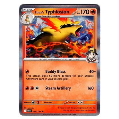 A single Pokémon trading card for Ethan's Typhlosion, shown flat against a plain white background. The card features a fiery yellow and orange creature illustration with red flames, orange text boxes, and a silver holographic border.