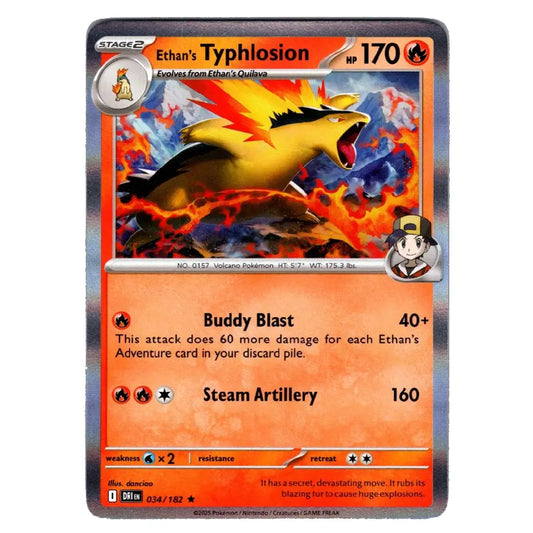 A single Pokémon trading card for Ethan's Typhlosion, shown flat against a plain white background. The card features a fiery yellow and orange creature illustration with red flames, orange text boxes, and a silver holographic border.