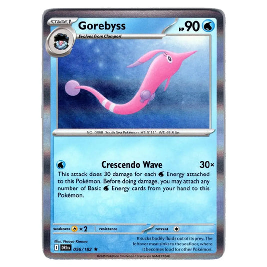 A single Pokémon trading card featuring Gorebyss, a pink underwater creature. The card has a blue and silver holographic design with the name 'Gorebyss' at the top and attack text 'Crescendo Wave' below the illustration.