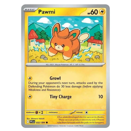 A single Pokémon trading card for Pawmi from the 2024 Eevee expansion, featuring a yellow and orange design with an illustration of Pawmi in a grassy field.