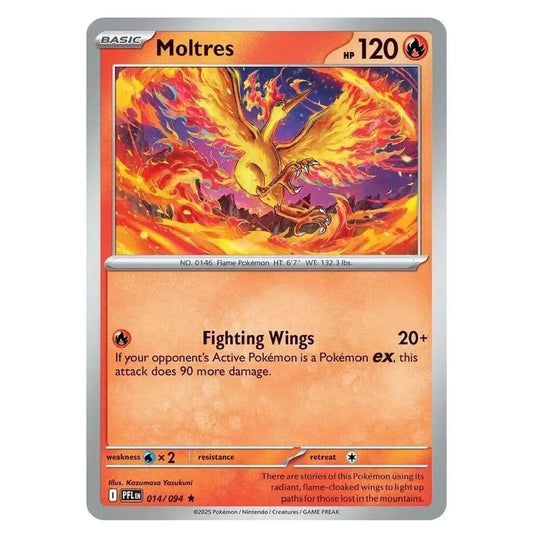 A single Pokémon trading card for Moltres from the Basic set, featuring artwork of a fiery orange and yellow bird with a silver border on a white background.