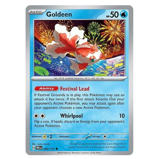 A single Pokémon trading card for Goldeen from the Basic set, shown flat against a plain white background. The card has a blue border, the Goldeen name at the top, artwork of the Pokémon in the center, and text boxes for Ability and Whirlpool.