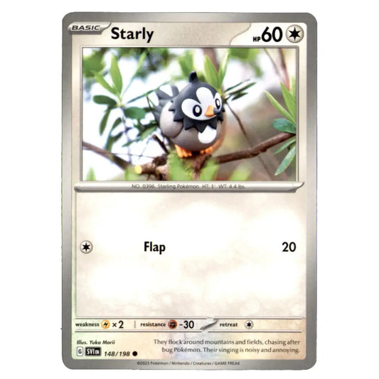 A single Pokémon trading card for Starly from the Basic set, shown against a plain white background. The card features a silver border, a photo of a small black-and-white bird on a branch, and game text including 'Starly', 'hp 60', and 'Flap 20'.