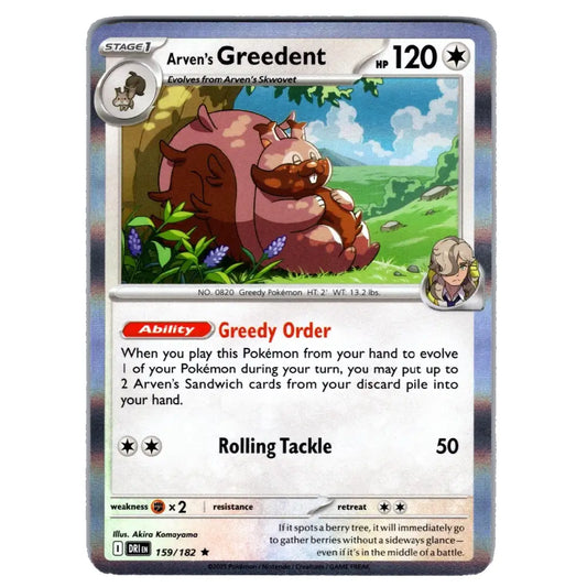 A single Pokémon trading card for Arven's Greedent, a Stage 1 Gravelion-type Pokémon. The card features a detailed illustration of the creature in a grassy landscape, with character portraits and game text on a silver holographic border.