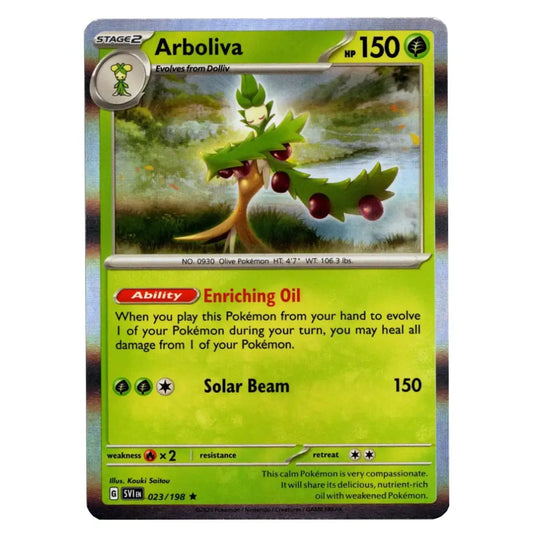 A single Arboliva Pokémon trading card from the 2015 XY Evolutions set, featuring a green and yellow card face with artwork of the Arboliva Pokémon and its 'Enriching Oil' and 'Solar Beam' abilities.