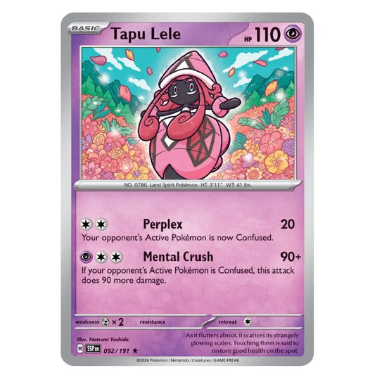 A single Pokémon trading card for Tapu Lele from the Basic set, shown against a plain white background. The card has a silver border, a pink and purple interface, and artwork of the character in a colorful landscape.