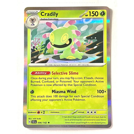 A holographic Pokémon trading card of Cradily from Liar Sharp, featuring a bright yellow-green card face with holographic rainbow reflections along the border.