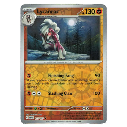 A single Pokémon trading card featuring the character Lycanroc, with a silver border, orange and yellow text areas, and artwork of the creature in a dark forest at night.