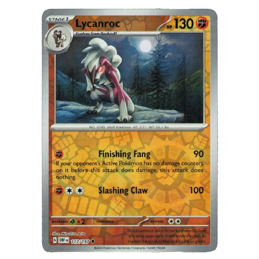 A single Pokémon trading card featuring the character Lycanroc, with a silver border, orange and yellow text areas, and artwork of the creature in a dark forest at night.