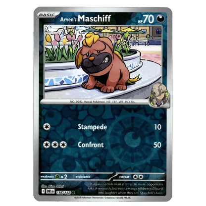 A single Pokémon trading card featuring Arven's Maschiff from the Basic set, with a silver border, dark blue patterned lower section, and an illustration of the dog character in a park scene.