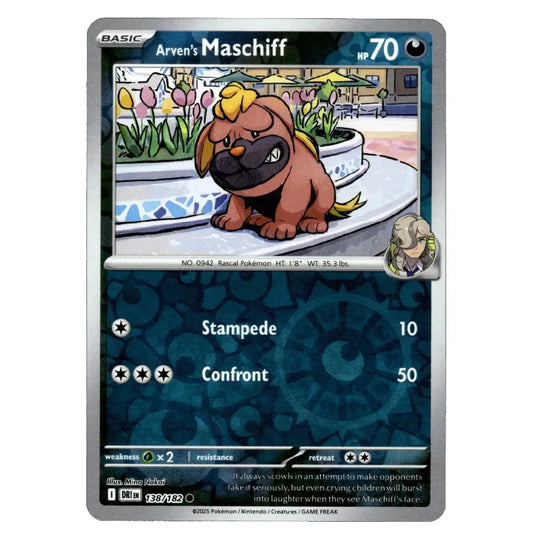 A single Pokémon trading card featuring Arven's Maschiff from the Basic set, with a silver border, dark blue patterned lower section, and an illustration of the dog character in a park scene.