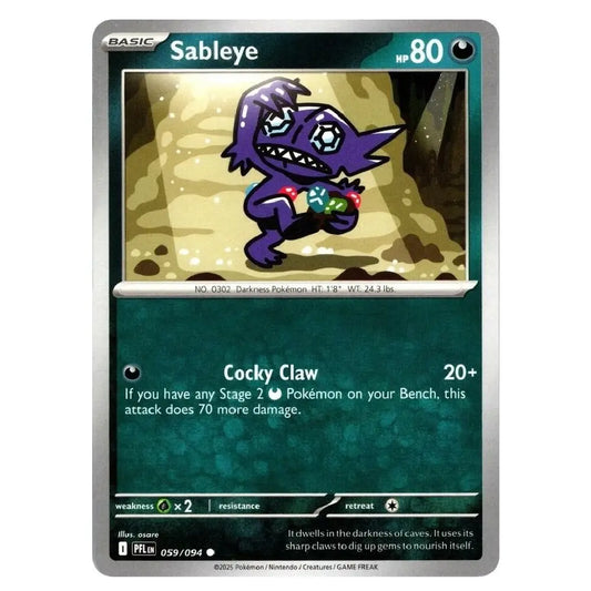 A single Pokémon trading card for Sableye from the Darkness of Caves expansion, shown against a plain white background. The card features a purple Sableye character illustration, dark teal text boxes, and silver border details.