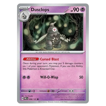 A single Pokémon trading card for Dusclops from the Eevee expansion, featuring a silver border, purple and pink gradient text boxes, and artwork of the robot-like Eevee in a dark forest.