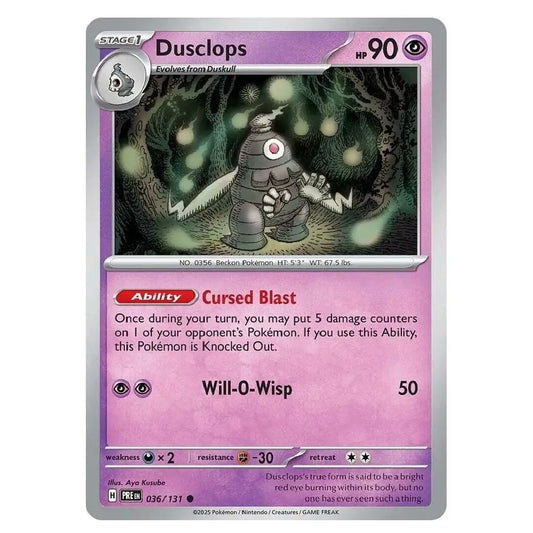 A single Pokémon trading card for Dusclops from the Eevee expansion, featuring a silver border, purple and pink gradient text boxes, and artwork of the robot-like Eevee in a dark forest.