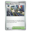 A single Pokémon trading card for Stadium Trainer Team Rocket's Factory, featuring a silver border, a central illustration of conveyor belts, and rules text at the bottom.