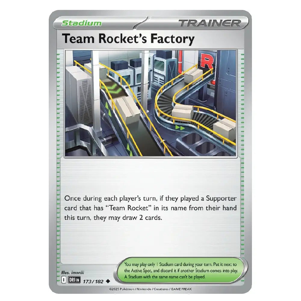 A single Pokémon trading card for Stadium Trainer Team Rocket's Factory, featuring a silver border, a central illustration of conveyor belts, and rules text at the bottom.