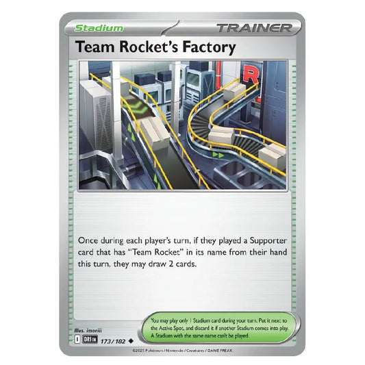 A single Pokémon trading card for Stadium Trainer Team Rocket's Factory, featuring a silver border, a central illustration of conveyor belts, and rules text at the bottom.