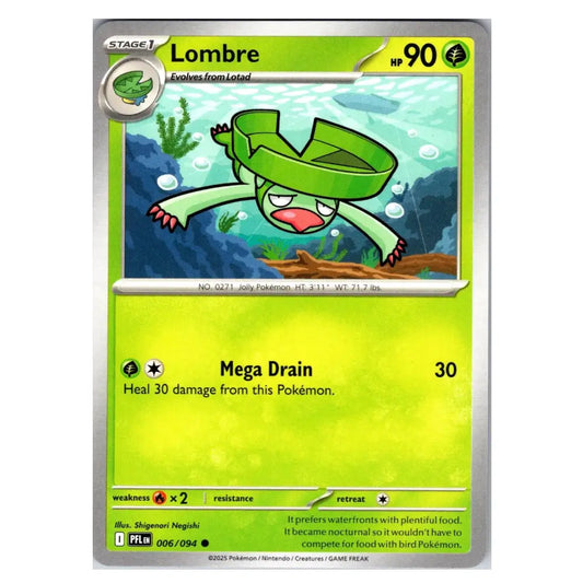 A single Pokémon trading card featuring the Lombre character, with a bright yellow-green card face, silver border, and printed artwork of a green frog-like creature underwater. Visible text includes 'Lombre', 'Mega Drain', '90 HP', and Pokémon branding.