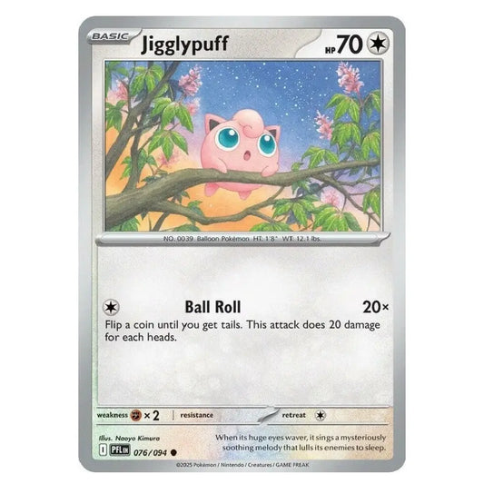 A single Pokémon trading card for Jigglypuff from the Basic set, shown against a plain white background. The card features artwork of the pink Jigglypuff sitting on a tree branch with flowers and a blue sky, and the text 'Jigglypuff', 'Ball Roll', and '20x'.