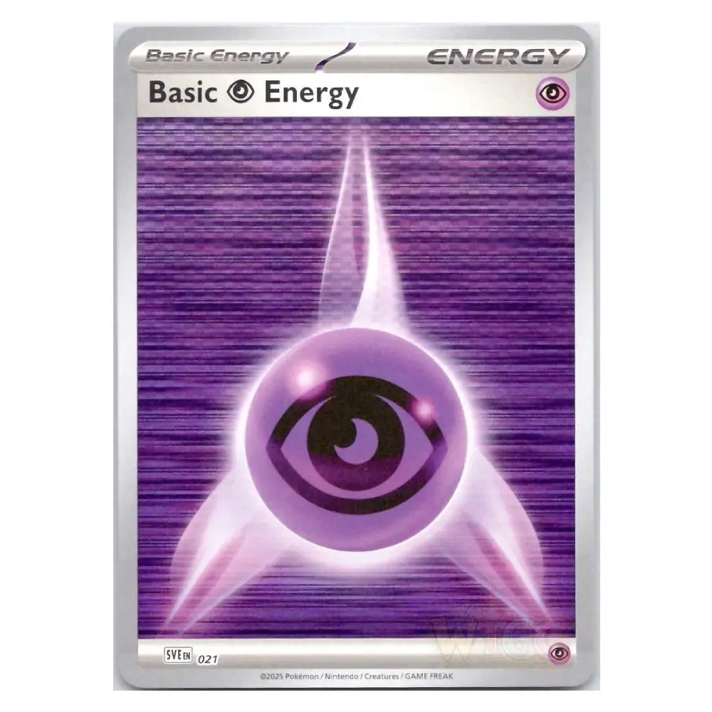 A single Pokémon trading card featuring the 'Basic Energy' card type, with a purple and lavender eye design on a silver border.
