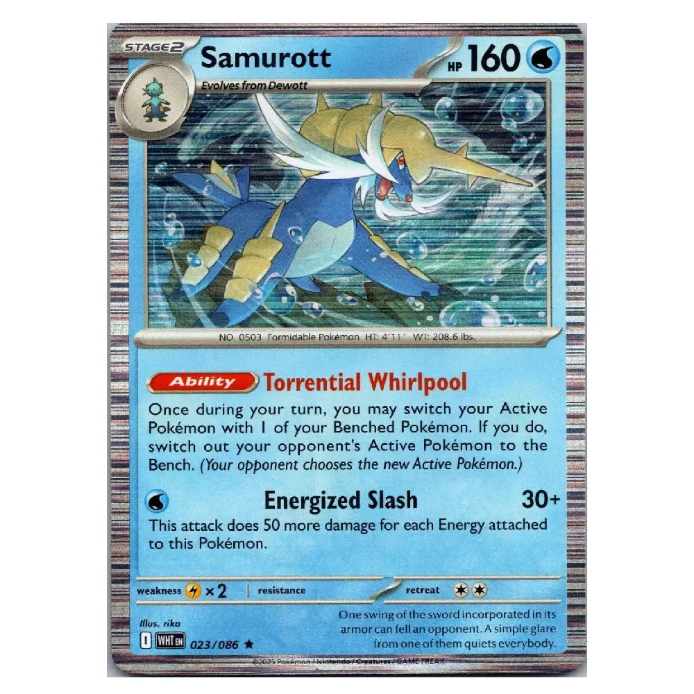 A single Pokémon trading card for the character Samurott, shown against a plain white background. The card features blue and yellow artwork of the Pokémon, with a silver-gray border and black text boxes for stats and rules text.