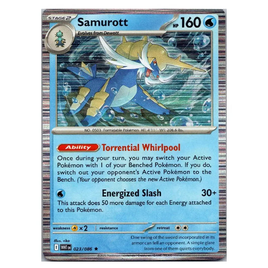 A single Pokémon trading card for the character Samurott, shown against a plain white background. The card features blue and yellow artwork of the Pokémon, with a silver-gray border and black text boxes for stats and rules text.