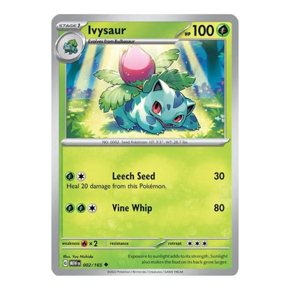A single Pokémon trading card for Ivysaur, shown flat against a plain white background. The card has a green and yellow-green layout with a silver border, featuring artwork of the character in a forest and text for Leech Seed and Vine Whip.