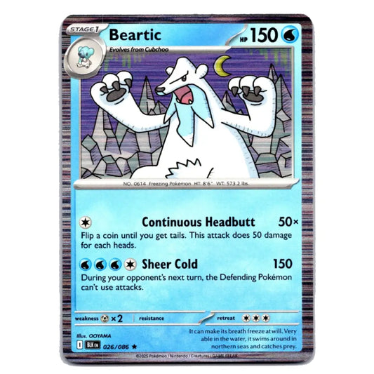 A single Pokémon trading card featuring Beartic, a Stage 1 Ice-type Pokémon. The card has a light blue and white design with a dark purple illustration of the polar bear character in a snowy landscape.