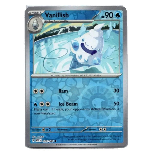 A single Pokémon trading card featuring Vanillish, a Stage 1 Ice-type Pokémon. The card has a blue and white design with a silver border, showing the character illustration, HP of 90, and attacks 'Ram' and 'Ice Beam'.