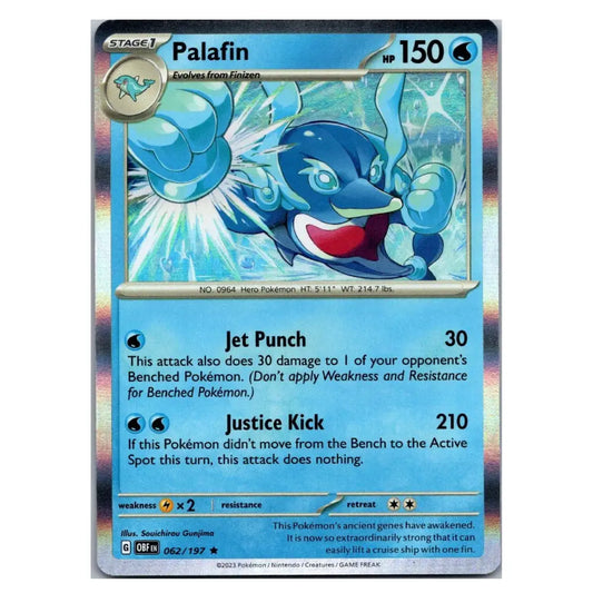 A holographic Pokémon trading card of Palafin from the Hero Pokémon TCG, featuring blue artwork of the character in an attack stance, with text detailing its 'Jet Punch' and 'Justice Kick' moves.