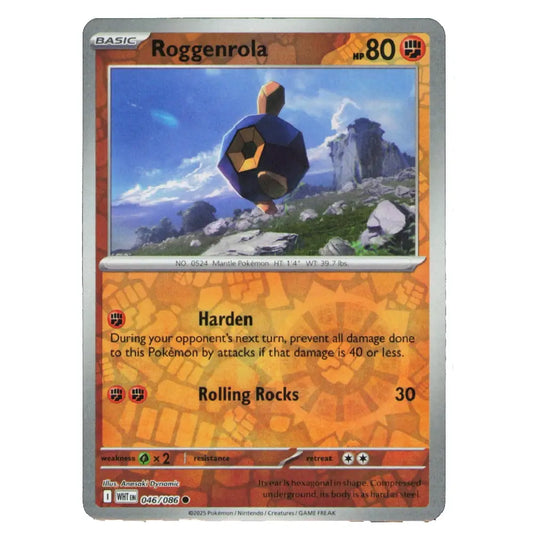 A single Pokémon trading card for Roggenrola from the Basic set, shown against a plain white background. The card features an orange and brown patterned layout with a central illustration of the Pokémon character rolling a rock.